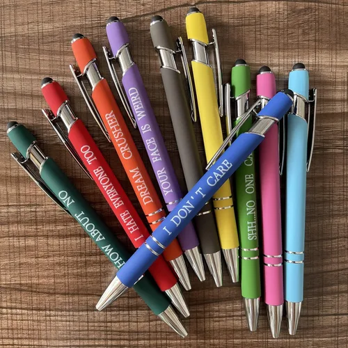 Miniatura 2 de Jxueych 10 bolígrafos motivacionales con citas sarcásticas, regalos de oficina, 2 en 1, elegante lápiz capacitivo de metal para pantallas táctiles