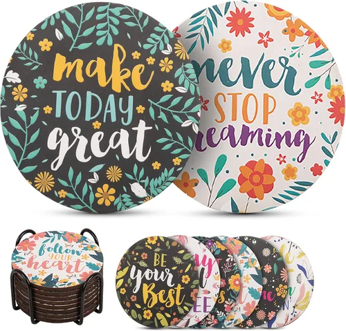 Good Vibes - Juego de 8 posavasos para bebidas, base de corcho absorbente para protección de mesa, hecho de madera de ingeniería, ideal para