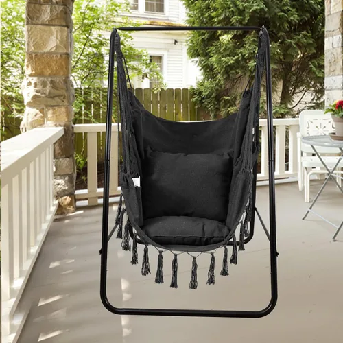 Miniatura 8 de Goutime Silla tipo hamaca, columpio de techo de cuerda colgante con 2 cojines, sillas bohemias colgantes de macramé para interiores, exteriores