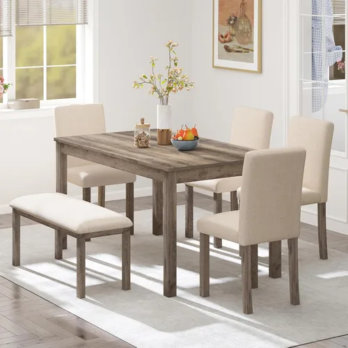 Zevemomo Juego de mesa de comedor de madera maciza de 6 piezas, incluye 1 mesa de comedor, 4 sillas tapizadas y 1 banco, juego de mesa de comedor