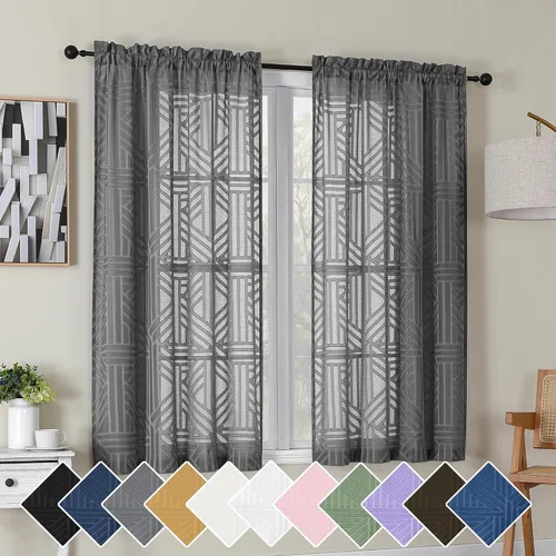 Miniatura 19 de Simplebrand Cortinas traslúcidas negras de cocina de 24 pulgadas de largo, 2 paneles, filtrado de luz, geométrico jacquard con textura, cortinas
