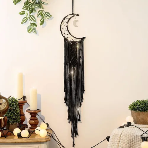 Miniatura 18 de ANROYE Colgante de pared tejido de macramé bohemio, crochet, luna creciente, estrella, atrapasueños con borla larga, algodón verde, hecho a mano
