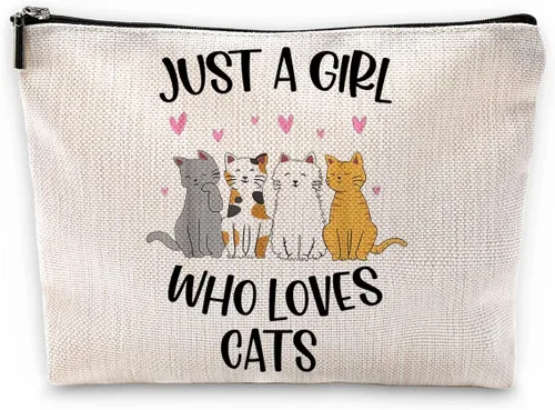 Sufamb Just A Girl Who Loves Cats Bolsa de maquillaje, bonita bolsa de cosméticos de gatos de dibujos animados para mujeres y niñas, regalos de