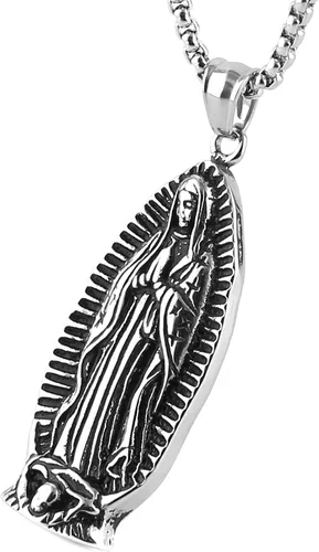 Miniatura 7 de HZMAN Collar colgante de acero inoxidable con cadena de trigo de acero inoxidable con cadena de trigo de Nuestra Señora de Guadalupe