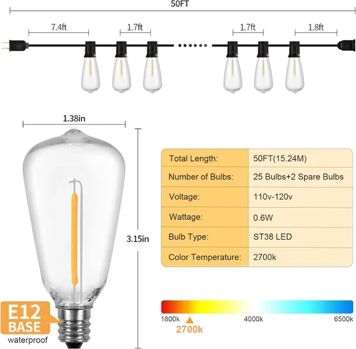 Miniatura 5 de ST38 - Tira de luces para exteriores, 50 pies, resistente para patio, con 26 bombillas LED regulables de plástico inastillables, ST38 de 0.6 W