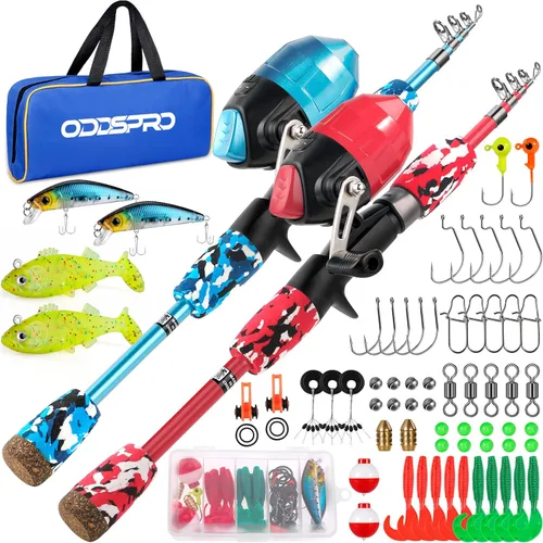 Miniatura 19 de ODDSPRO Caña de pescar para niños, color rosa, kit combinado de caña de pescar telescópica portátil y carrete - con caja de aparejos de pesca
