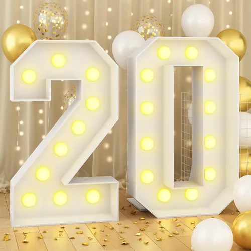 Miniatura 16 de Marquesina grande de número 0 blanca con luces y marco de mosaico, letra 0 para decoración de fiesta de cumpleaños, cartón precortado, tablero