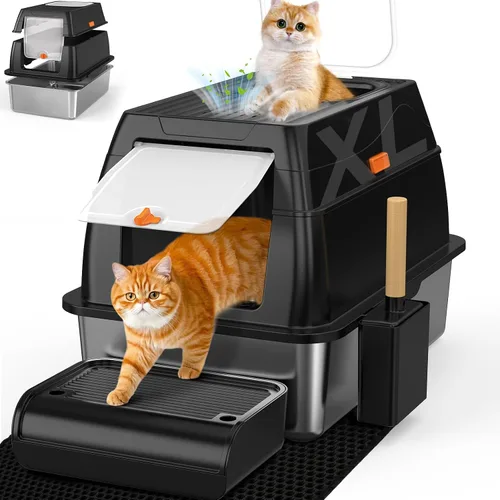 SZEE Caja de Arena de Acero Inoxidable, Caja de Arena para Gatos de Metal Cerrada XL con Salida Superior con Tapa y Recinto, Control de Olores de