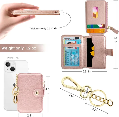 Miniatura 55 de Cartera con llavero, tarjetero con bloqueo RFID de piel, funda para tarjetas de crédito con cremallera para mujer
