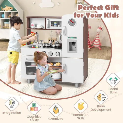 Miniatura 8 de KOTEK Juego de cocina para niños, juego de cocina de madera para niños pequeños con dispensador de agua con luces sonidos, estufa, horno, nevera
