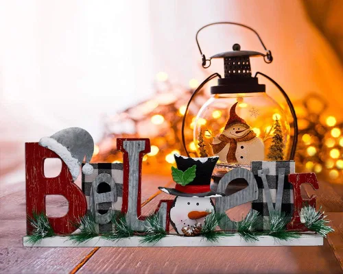 Miniatura 3 de Letrero de madera de Navidad con texto en inglés "Believe Merry Christmas", decoración rústica de muñeco de nieve para el hogar, letrero rústico