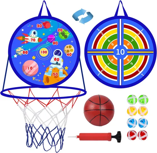 Aro de baloncesto 2 en 1 y tablero de dardos, tablero de dardos de 14 pulgadas para niños, aro de baloncesto para niños pequeños, deportes y juegos
