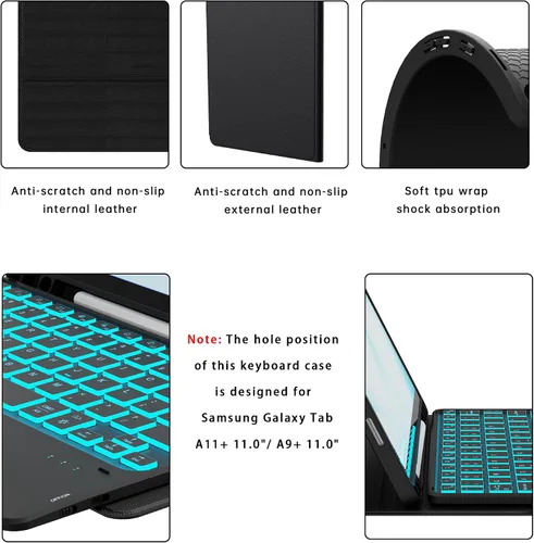Miniatura 6 de Funda para Galaxy Tab A9+/A11+ de 11 pulgadas con teclado - Funda de tableta inalámbrica desmontable retroiluminada de 7 colores con panel táctil