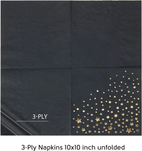 Miniatura 3 de Elegantes servilletas negras y doradas, 100 servilletas de estrella negra, servilletas de cóctel negras y doradas de 5 x 5 pulgadas, servilletas