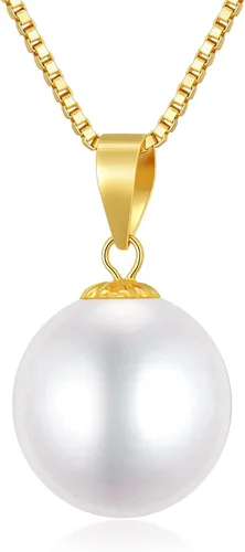18k Gold Pearl Pendant with 14k Gold Box Chain Necklaces for Women Jewelry Gifts for MotherWife Christmas Present for Her 18 Inch 9 mm Freshwater