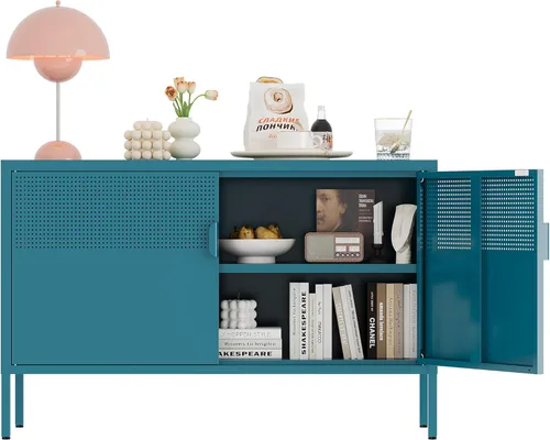 Miniatura 16 de Gabinete de almacenamiento de metal, soporte de TV de 2 puertas, gabinete de acento de malla metálica, cierre de puerta magnético, gabinetes de Negro