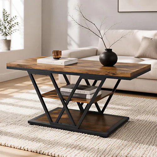 Espelism Mesa de centro industrial con almacenamiento de 3 niveles para sala de estar, mesa rectangular de madera para cóctel, mesa de té rústica
