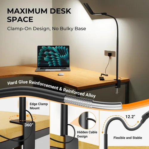 Miniatura 4 de Lámparas LED de Escritorio para Oficina en Casa, Lámpara de Escritorio Inteligente Ajustable con Brazo Giratorio con Abrazadera, Luz de Escritorio