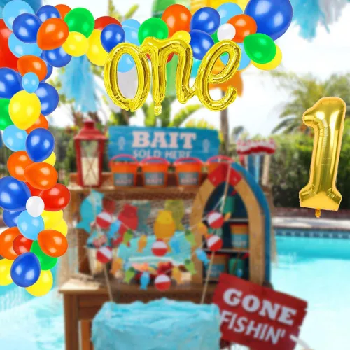 Miniatura 2 de Ofishally - 217 piezas de decoraciones de cumpleaños con diseño de «Gone Fishing Dinnierware» The Big One Balloon Garland Banner Cake Cupcake Topper
