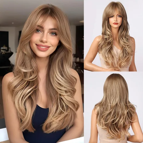 Miniatura 15 de Esmee Pelucas largas onduladas de color rubio ceniza para mujer con flecos, peluca de cabello sintético natural para uso diario y de fiesta