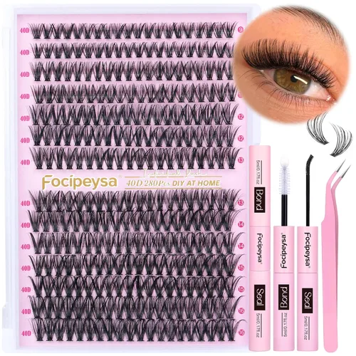 Focipeysa Kit de Extensión de Pestañas D Curl Clusters de Pestañas 280pcs Kit de Extensión de Pestañas DIY 40D Pestañas Individuales con Adhesivo y
