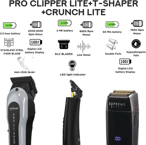 Miniatura 2 de Supreme Trimmer Paquete de Barbero 3 en 1 Pro Clipper Lite, Recortadora DLC T-Shaper, Afeitadora de Lámina Crunch Lite Kit Profesional