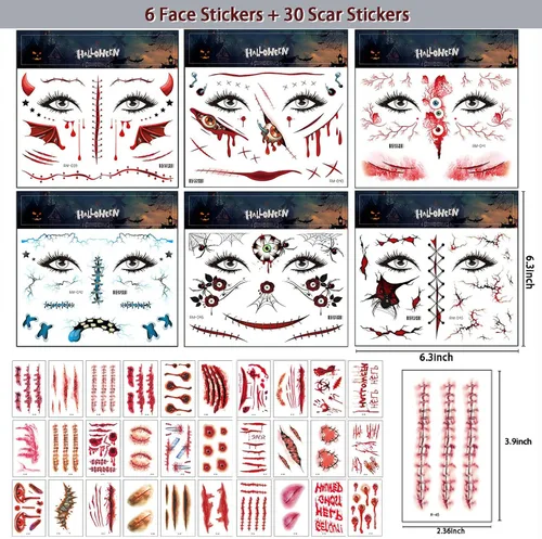 Miniatura 2 de Más de 260 piezas de 36 hojas de tatuajes falsos para Halloween, tatuajes de maquillaje de zombies temporales realistas, tatuajes de cicatrices