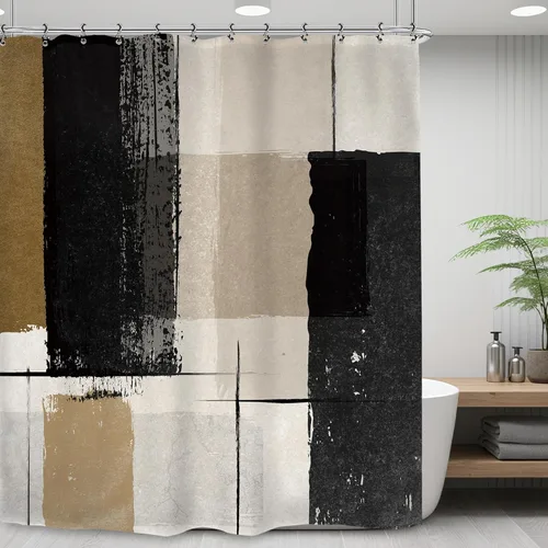 Miniatura 8 de Abstract Black White Geometric Bathroom Shower Curtain 60W by 71H Inch Modern Contemporary Neutral Minimalist Simple Polyester Fabric 12 Plastic
