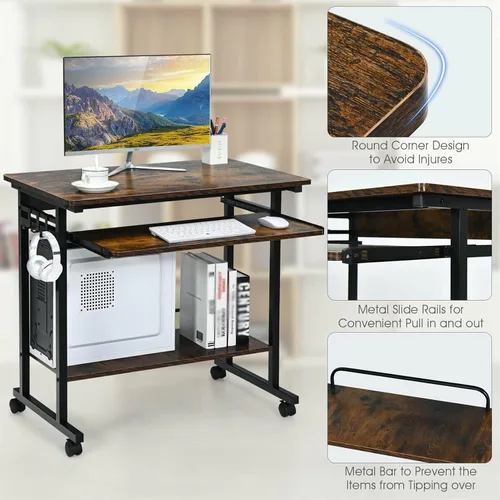 Miniatura 4 de Escritorio para computadora, mesa de estudio, escritorio de PC marrón rústico, carrito extraíble para laptop, estación de trabajo con bandeja