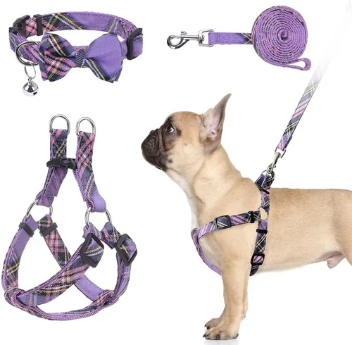 Miniatura 9 de Juego de arnés para perro con correa y collar de corbatín - Arnés para cachorro a cuadros beige, a prueba de escape, chaleco ajustable sin tirones