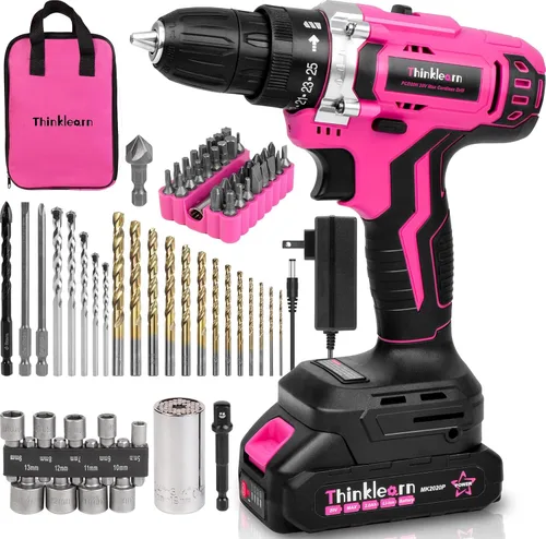 Juego de taladro inalámbrico rosa, juego de taladro eléctrico de iones de litio de 20 V para mujer con 67 puntas de destornillador, portabrocas sin