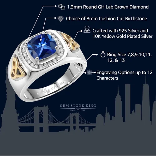 Miniatura 2 de Gem Stone King Men's Customized and Personalized 8MM Cushion Cut Gemstone Birthstone and White Lab Grown Diamond Ring for Men 925 Sterling Silver