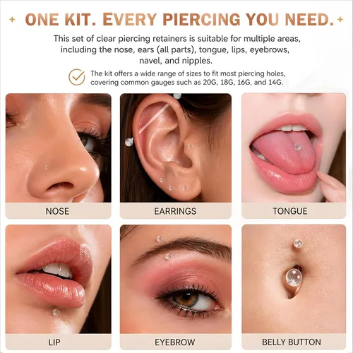 Miniatura 5 de Paquete de 76 Retenedores de Piercing Transparentes, Joyería Corporal Bioflex para Ceja, Labio, Septum, Nariz, Pezón, Ombligo, Lengua, Tragus Kit