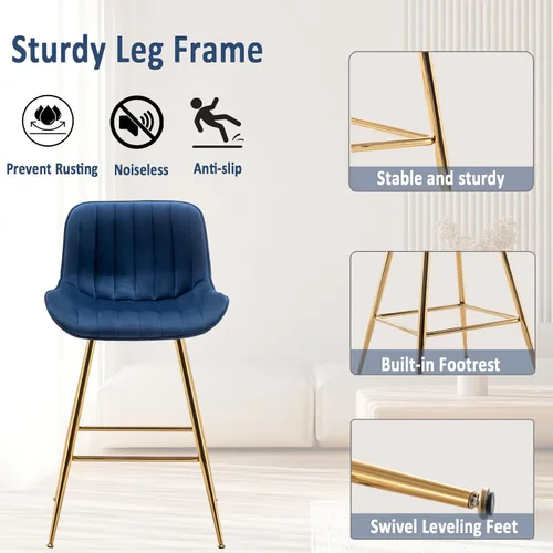 Miniatura 6 de Sidanli Blue - Juego de 2 taburetes de bar de terciopelo de 24 pulgadas con reposapiés, sillas de bar modernas para el hogar, isla de cocina, comedor