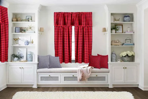Miniatura 5 de Juego de cortinas de cenefa, 3 piezas de algodón a cuadros, cortinas de cocina de granja, 58" de ancho x 15" de largo, 29" de ancho x 36" de largo