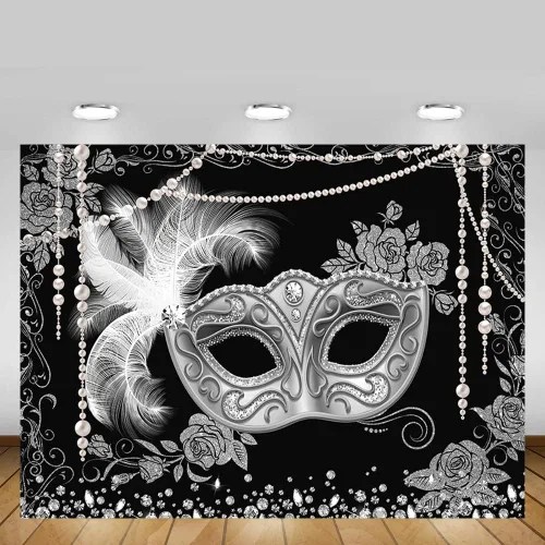 Miniatura 5 de MEHOFOND Telón de fondo para baile de máscaras negro plateado, para fotografía de fiesta de máscaras, fondo para Mardi Gras, carnaval, decoración