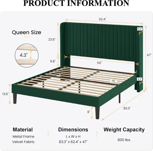 Miniatura 2 de SHA CERLIN Marco de Cama de Terciopelo Tamaño Queen con Cabecera de Respaldo Alto con Capitoné de Canales Verticales, Cama Plataforma Tapizada