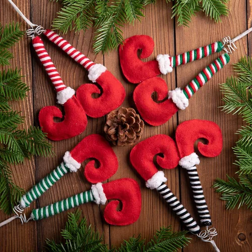 Miniatura 7 de 4 púas de patas de elfo de Navidad, adornos de árbol con alambre fijo, púas de felpa a rayas para patas de árbol de Navidad, fiesta de árbol