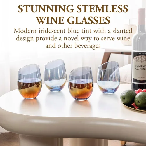 Miniatura 2 de MyGift Copas de vino modernas de 14 onzas sin tallo de vidrio azul iridiscente con borde en ángulo, cristalería transparente con tinte de brillo