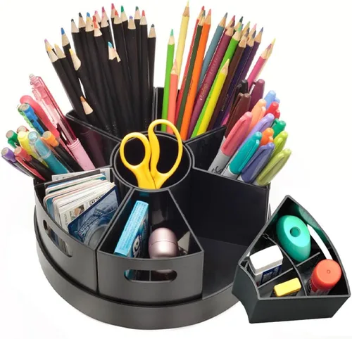 Organizador de escritorio giratorio negro Lazy Susan Caddies para suministros de oficina en casa, escuela, bolígrafos, marcadores y suministros de