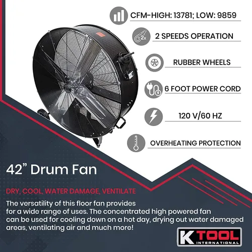 Miniatura 2 de K Tool International 77742 Ventilador de tambor de transmisión por correa de 42 pulgadas con ruedas de 8 pulgadas, alta velocidad, 2 velocidades