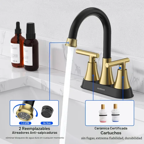 Miniatura 5 de Grifos de baño para lavabo de 3 orificios, Hurran grifo de lavabo de baño de 4 pulgadas en negro y dorado con desagüe emergente y mangueras