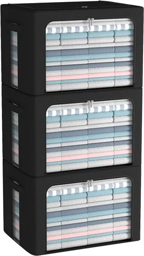 Miniatura 13 de CYhom Paquete de 3 contenedores plegables de almacenamiento - Caja de almacenamiento con marco de tela de lino apilable para ropa con ventana