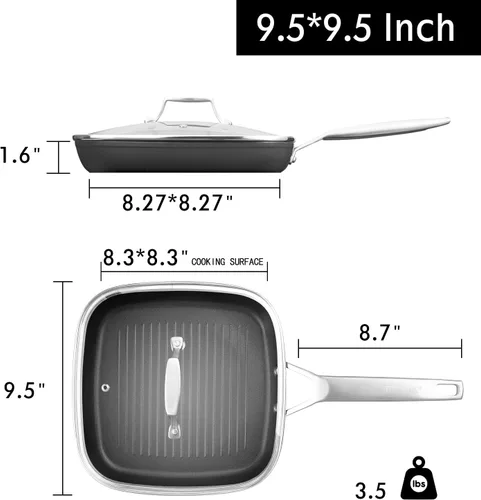 Miniatura 4 de MsMk - Sartén cuadrada con tapa de 9.5 pulgadas, sartén de parrilla antiadherente de titanio y cerámica, mango Stay-Cool, compatible con todas