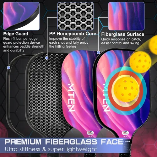 Miniatura 3 de Paletas de pickleball, juego de 4 palas de pickleball, juego de fibra de vidrio aprobado por USAPA, 4 paletas, 4 bolas para exteriores, 1 bolsa
