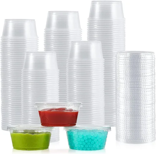 Miniatura 9 de Lilymicky 400 juegos de vasos de plástico desechables de 1 onza con tapas, pequeños recipientes de plástico para condimentos para salsa, vasos