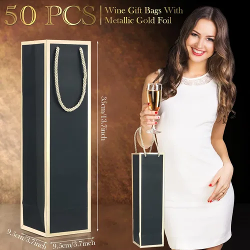 Miniatura 2 de Mimorou Paquete de 50 bolsas de regalo de vino a granel, bolsas para botellas de vino con asas, 13.8 x 3.8 x 3.8 pulgadas, reutilizables, con Negro
