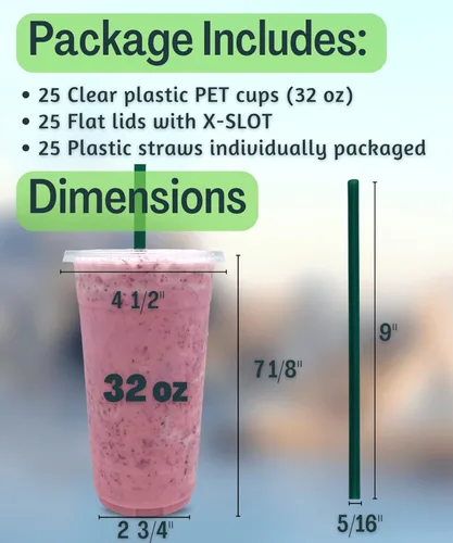 Miniatura 3 de Vasos de plástico transparente de 32 onzas con tapas y popotes, vasos desechables para bebidas frías, café helado, malteadas, batidos, 25