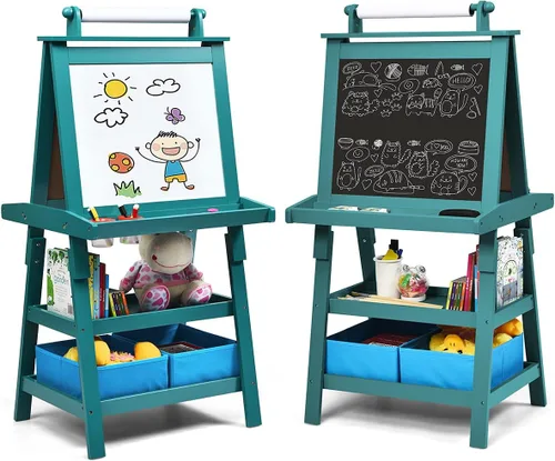 Miniatura 14 de Costzon Caballete de arte para niños, caballete de pintura de doble cara 3 en 1 con pizarra blanca magnética, pizarra y rollo de papel, estante