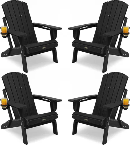 Juego de 4 sillas Adirondack plegables de plástico con soporte para tazas, sillas Adirondack compuestas para exteriores, patio, jardín (negro)